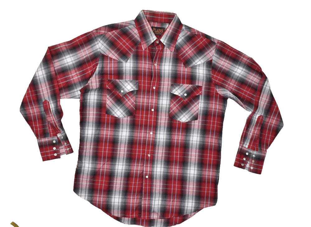 Plains Western Wear Men Red Plaid Snap Button Up Shirt Regular Size M Polyester